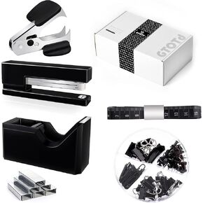 GTOTd Black Office Supplies Desk Accessory Kit,Set of Stapler,Tape Dispenser,Staple Remover,1000pcs Staples,Tape Measure and 72Pcs Office Supplies