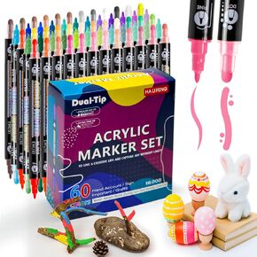 Fabric Markers, 60 Colors Acrylic Paint Markers, Dual Tip Acrylic Paint Pens with Dot and Fine Tips Colored Markers, Quick-Drying for Rock, Canvas, Ceramic, Wood , Gift for Artists , DIY Enthusiasts