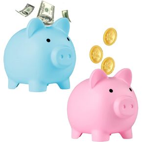 2 Pack Cute Piggy Bank, Unbreakable Plastic Money Banks, Coin Bank for Girls and Boys, Gifts and Presents for Birthday, Christmas, New Year (Pink, Blue)