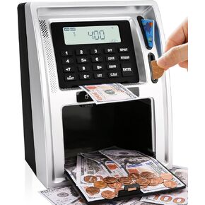 2024Upgraded ATM Piggy Bank with Power-Off Memory,Kids Talking Bank for Real Money,Auto-Opening Drawer,Onekey Shutdown,Debit Card,Coin Recognition，Bill FeederBalance Calculator Machine.