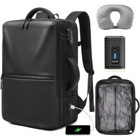 Fiordpack, 70L Vacuum Backpack Travel with Pump, Charging Port, Inflatable Pillow, Sleep Mask&Earplugs, Expandable Vacuum Seal Compression Travel Backpack for 19" Laptop, Airline Approved