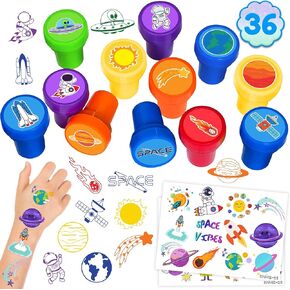 36PCS Space Party Favors 24 Tattoos Sticker 12 Stamp Set - Ideal Astronaut Galaxy Themed Birthday Card Decorations Supplies Goodie Bag Cute Rewards for Girls Boys Classroom Gifts Baby Shower Prizes