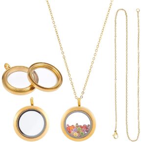UNICRAFTALE 2 Sets Stainless Steel Memory Locket Charm Golden Flat Round DIY Picture Photo Necklace Making Kit Necklace with Crystal Double Sided Frame Glass Container Floating Charms for Lockets