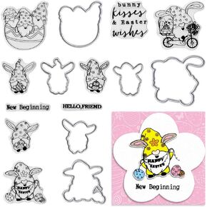 Easter Gnomes Clear Stamps and Dies for Card Making, Bunny Eggs Rubber Stamps Easter Rabbits Gnomes Cutting Dies Sets for Scrapbooking Journaling Crafts Supplies
