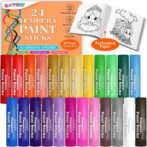 Tempera Paint Sticks, 24 Washable Paint Sticks With 50 Page Coloring Book - Quick Drying, Nontoxic Painting Stick for Kids, Classic, Metallic, Neon Colors - Paints for Kids and Toddlers