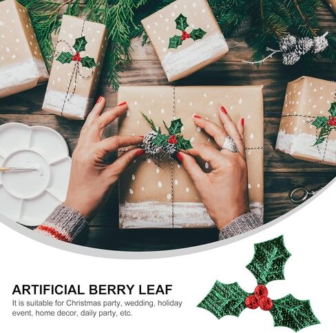 زينة عيد الميلاد للحرف اليدوية - 100 قطعة من أوراق هولي الصغيرة والتوت لمستلزمات عيد الميلاد الحرفية - ملصقات توت هولي عيد الميلاد 3 سم مع أوراق خضراء لعلامة إكليل عيد الميلاد وصنع البطاقات in Kuwait