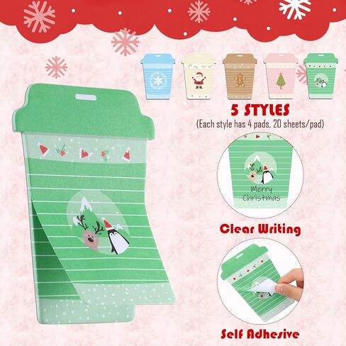 400 Sheets Christmas Notepad Set Xmas Santa Claus Elk Notepads Winter Holiday Theme Memo Pad Christmas Sticky Notes Adhesive Christmas Notepad for Work Study Shopping to List(Coffee Cup Style) in Saudi Arabia