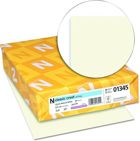 Neenah Paper 01345 Classic Crest Premium Paper, 24 lb, 8.5 x 11 Inches, White, 500 Sheets per Ream, Classic Natural White in Kuwait