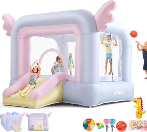 White Bounce House Indoor/Outdoor for Kids 2-8 with Balloons, Magical Water Canvas, Dart Target Balls, Bar Dart Set, Basketball, 102 x 70 x 97 Jumping Castle with Slide for Birthday Party, Wedding in Saudi Arabia