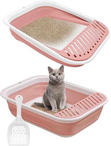 BNOSDM Collapsible Small Cat Litter Box for Kittens Open Potty Pan Foldable Cat Toilet with Scoop Senior Kitty Travel Shallow Litters Boxes Anti-Splash Waterproof Grey 17.7"×13.4" in Saudi Arabia