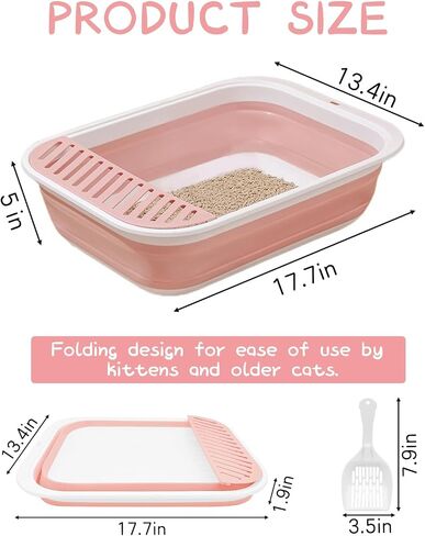 BNOSDM Collapsible Small Cat Litter Box for Kittens Open Potty Pan Foldable Cat Toilet with Scoop Senior Kitty Travel Shallow Litters Boxes Anti-Splash Waterproof Grey 17.7"×13.4" in Saudi Arabia
