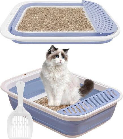 BNOSDM Collapsible Small Cat Litter Box for Kittens Open Potty Pan Foldable Cat Toilet with Scoop Senior Kitty Travel Shallow Litters Boxes Anti-Splash Waterproof Grey 17.7"×13.4" in Saudi Arabia