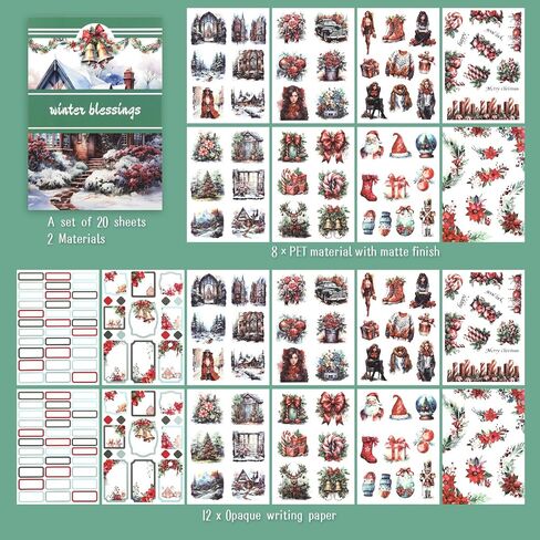 Dizdkizd Christmas Sticker Book, Winter Scrapbooking Stickers, Holiday Planner Sticker Set, 226pcs Die Cut PET and Paper Vintage Aesthetic Decals for Cards, Gift Tags, Journaling and Crafts in Kuwait