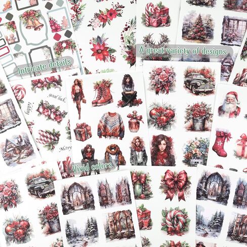 Dizdkizd Christmas Sticker Book, Winter Scrapbooking Stickers, Holiday Planner Sticker Set, 226pcs Die Cut PET and Paper Vintage Aesthetic Decals for Cards, Gift Tags, Journaling and Crafts in Kuwait