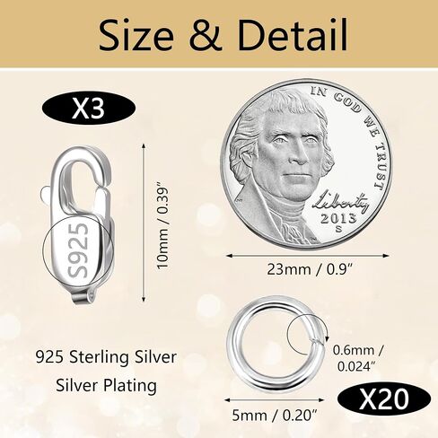 925 Sterling Silver Jewelry Making Lobster Claw 10mm, 23PCS Italian Rectangle Trigger Clasps with Open Jump Rings Set, Small Necklaces Bracelet Connector Clasp Supplies Silver Jewelry Finding Set in Kuwait