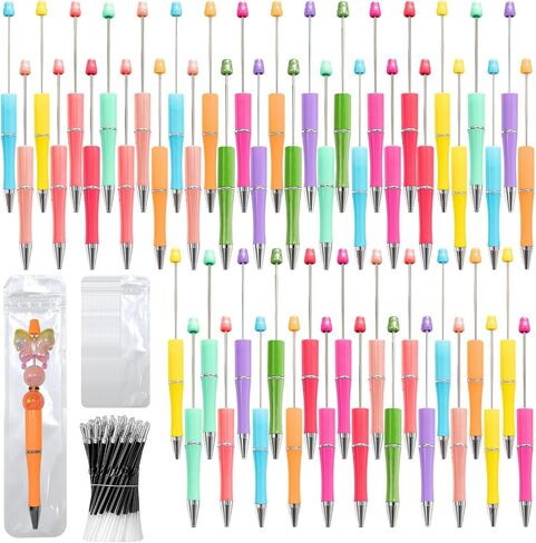 150 Pieces DIY Beadable Pens Kit - 50 plastic Beadable Pens Bulk, Refills & pen bags Included - Beaded Pens Black Ink Ballpoint Cute Pens（Bright） in Kuwait