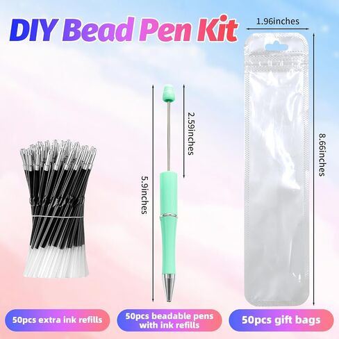 150 Pieces DIY Beadable Pens Kit - 50 plastic Beadable Pens Bulk, Refills & pen bags Included - Beaded Pens Black Ink Ballpoint Cute Pens（Bright） in Kuwait