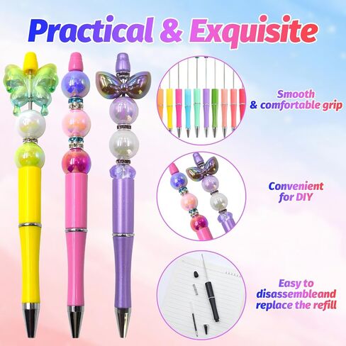150 Pieces DIY Beadable Pens Kit - 50 plastic Beadable Pens Bulk, Refills & pen bags Included - Beaded Pens Black Ink Ballpoint Cute Pens（Bright） in Kuwait