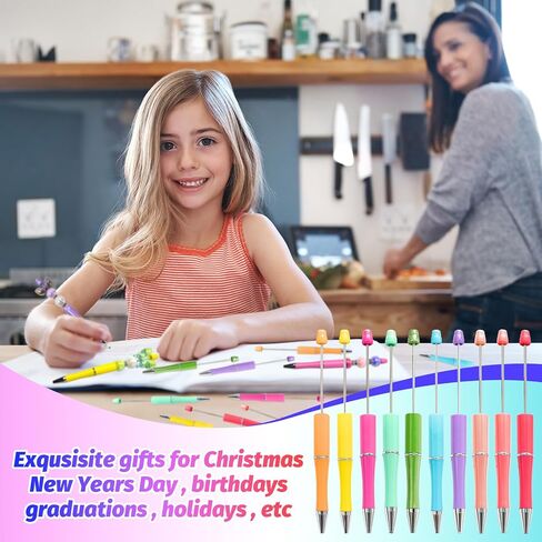 150 Pieces DIY Beadable Pens Kit - 50 plastic Beadable Pens Bulk, Refills & pen bags Included - Beaded Pens Black Ink Ballpoint Cute Pens（Bright） in Kuwait