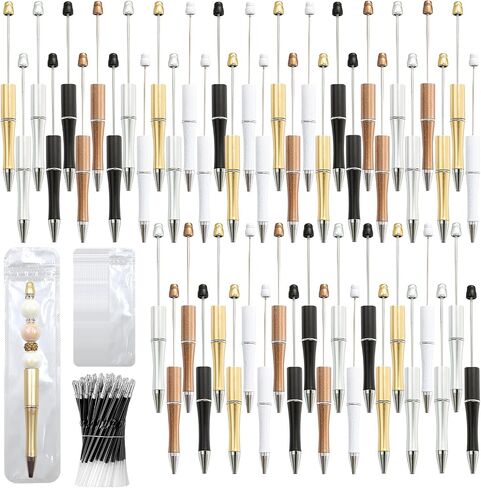 150 Pieces DIY Beadable Pens Kit - 50 plastic Beadable Pens Bulk, Refills & pen bags Included - Beaded Pens Black Ink Ballpoint Cute Pens（Bright） in Kuwait