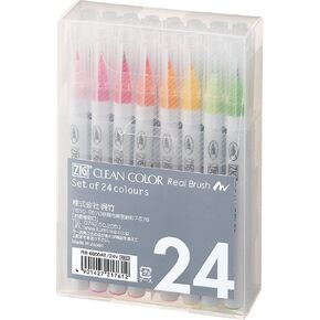 Kuretake ZIG Clean Color Real Brush Marker, 24 Colors with Flexible Brush Tips, Watercolor Pens for Painting, Drawing, Calligraphy and Brush Lettering for Artists and Beginner Painters, Made in Japan