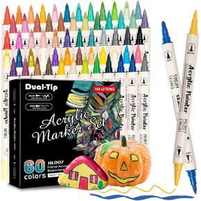 60 Colors Acrylic Paint Pens Markers,Dual Tip Acrylic Paint Markers with Brush Tip and Fine Tip,Halloween Pumpkin Painting Kit for Rock Painting,Wood,Stone,Glass,Ceramic,DIY Crafts Making Art Supplies