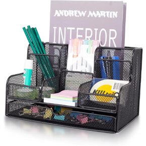 Barelove Desk Organizer with Sliding Drawer, Large Office Desktop Mesh Pen Pencil Holder Caddy Organization with 7 Compartments, Great for Home School Supplies Stationery Book IPAD (Black)