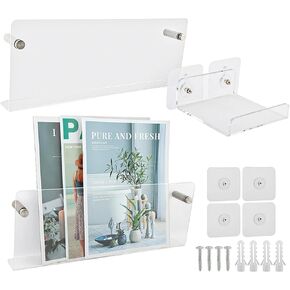 2pcs Clear Acrylic Magazine Holder with U-shape Floating Wall Shelf, Magazine Rack Wall Mounted, Hanging Bookshelf Literature Storage Rack for Waiting Room, Office, Living Room