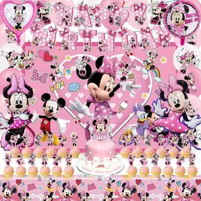 لوازم حفلات أعياد الميلاد من Pink Mouse، تتضمن ديكورات حفلات أعياد الميلاد ذات الفأر الوردي لافتة وخلفية ودوامات معلقة وبالونات من رقائق معدنية وأغطية للكيك ومفرش طاولة