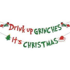 JOZON Red Green Glittery Drink Up Grinc-hes It's Christmas Banner Christmas Garland Banner for Xmas Party Decorations Christmas Decor for Home Wall Mantle Fireplace Party Supplies