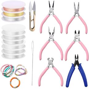 Yauhar 17Pcs Jewelry Pliers with 0.4mm, 0.5mm, 0.6mm, 0.7mm, 0.8mm, 1mm Elastic Bracelet String Cord and 26 Gauge Jewelry Beading Wire for Jewelry Making Supplies