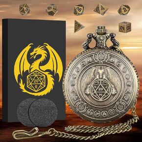 Mini DND Dice Set Dragon Bronze Pocket Watch Shell Case, 7pcs Polyhedral Metal D&D Dice Set, DND Gifts with Gift Box, D&D Gift, Role Playing Board Games Accessories