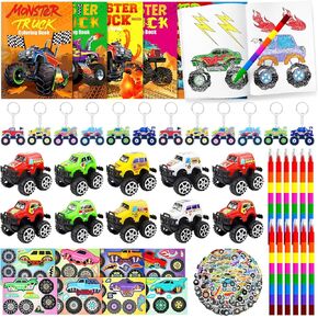 110PCS Monster Truck Party Favors,Monster Truck Coloring Books and Eight Color Crayons,Keychains Pull Back Cars Stickers For Kids