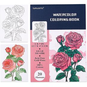tumuarta Watercolor Coloring Book, 20 Unique Floral Designs, 5x7", 100% Cotton, 300GSM, 140 LB, 20 Sheets, Cold Press, Acid Free Watercolor Paper Sketchbook, Glue Bound Mixed Media Pad (Flowers)