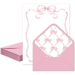 Whaline 60 Pink Bow Stationery Paper Set Cute Bow Knot Letter Writing Paper with Envelopes for Greeting Card Invitation Office Printing, 8.5 x 11 Inch