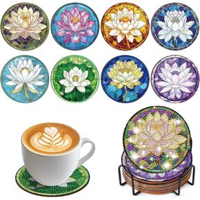 Sitsink Lotus Diamond Art Coasters - 8 Pcs Diamond Painting Coasters Flower Lotus Kits, Crystal Diamond Painting Coasters Kits for Adult, Lotus Flower Diamond Painting Kits Coasters with Holders