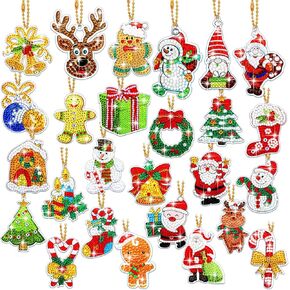 Junkin 26 Pcs Christmas Diamond Painting Kits 5D DIY Diamond Key Chain Art Christmas Ornaments Xmas Hanging Diamond Art Full Drill Diamonds Pendant DIY Key Ring Pendant Craft Making Gift Family Decor