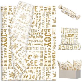 JarThenaAMCS 100 Sheets Merry Christmas Tissue Paper Xmas Gold Letter Gift Wrapping Paper DIY Art Craft Tissue for Winter Holiday Party Decor Supplies, 14 x 20 Inch