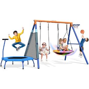 5-in-1 Kids Swing Sets for Backyard with Trampoline, 880lbs Heavy-Duty A-Frame Metal Outdoor Swing Stand with 32 inch Saucer Swing, Belt Swing, 55 inch Trampoline, Basketball Hoop, Led Light & Anchors