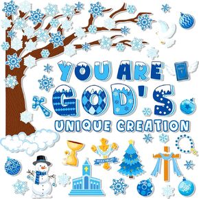 HOWAF 101 Pcs Winter Bulletin Board Decoration, Christian Winter Christmas Tree Paper Cutouts Bulletin Board Stickers Snowflake Snowman Cutouts with Glue for Christmas Winter Classroom Party