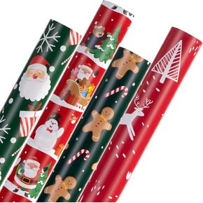 Christmas Wrapping Paper (4 Rolls: 93 sq. ft. ttl) Funny Santas Claus with Gifts, Candy Cane, Reindeer, Christmas Tree, Snowflakes - Christmas Elements Collection - 17 inches x 16.5 feet Per Roll