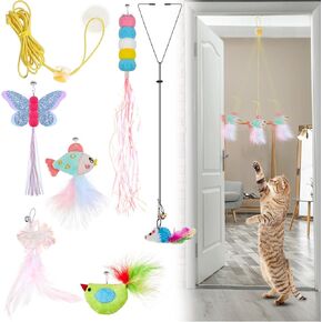 Charniol 8 Pcs Doorway Cat Toys Indoor Feather Door Hanger Interactive Hanging Dragonfly Little Mouse Retractable Teaser Kitten for Play, 6 Styles (Vibrant Style)