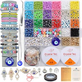 JIYIEW Evil Eye Bracelet Kit 4mm Glass Seed Beads Jewelry Making Kit with Evil Eye Beads, Evil Eye Charms, Clay Beads, Gold Spacer Beads and Elastic String for Mexican Bracelets DIY Crafts