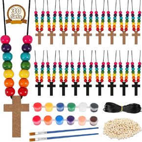 Qyeahkj 30 Pack Christian Christmas Nativity Wood Cross Necklace Sunday School Jesus Craft Kit for Kid Bulk Coloring You Own Cross Beads Ornaments DIY Wooden Painting Cross Necklace for Boy Girl