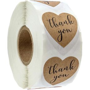 Brown Kraft Heart Shape Thank You Stickers / 500 Heart Labels / 1 1/8" Thank You Envelope Seals