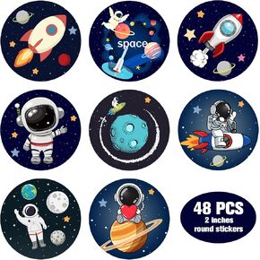 Sumerk 48 Pcs 2 Inch Space Seal Stickers Space Sticker Books for Kids Adhesive Astronaut Sticker Labels for Envelope Seals, Party Favors Decoration, Gift Cards, Business and Gift Bags（8 Designs）