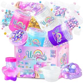NPNE Unicorn Slime Kit for Girls DIY Slime Making Kit with Glitter Add Ins Foam Jelly Cubes Slime Christmas Birthday Party Favors Present Crafts Stress Relief Toys for Kids Age 8-12