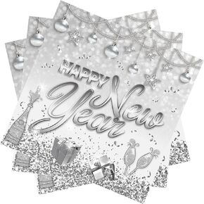 40pcs Silver Happy New Year Party Paper Napkins New Years Eve Napkins 2025 New Year Party Supplies 2025 White and Silver New Year Lunch Napkins Silver Snowflake Disposable Napkins for New Year Party