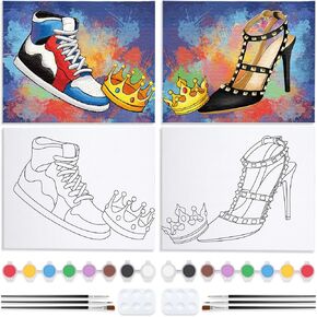 Nuberlic 2 Pack Couples Sip and Paint Painting Kit Pre Drawn Canvas for Painting for Adult Shoe Love Couple Pre Drawn Stretched Canvas Kit Art Set Christmas Valentine's Day 8"x10"