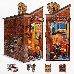 Book Nook Kit - 3D Wooden Garage Puzzle Miniature Book Nook Kits for Adults Teen, DIY Dollhouse Bookshelf Insert Decor with Sensor LED Light